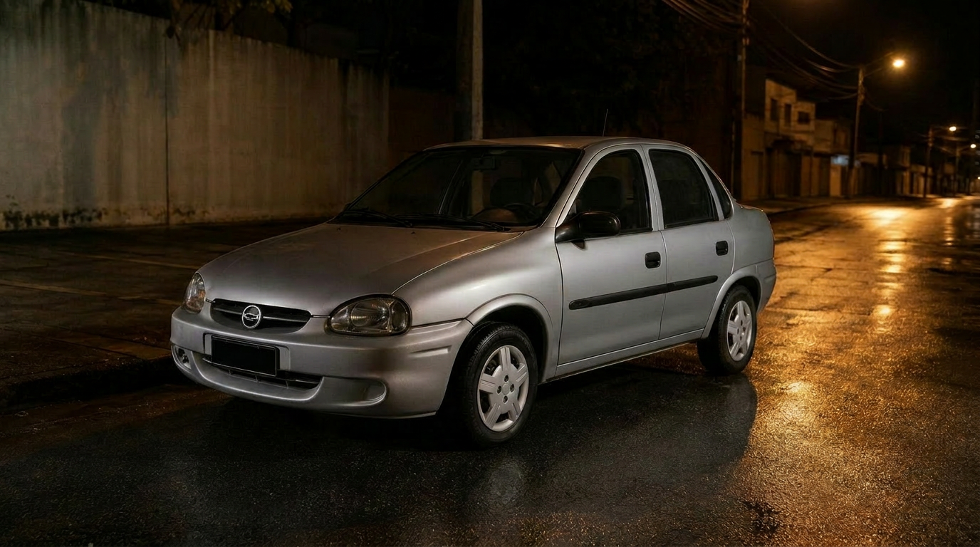 Chevrolet Corsa Classic prata em cena noturna urbana